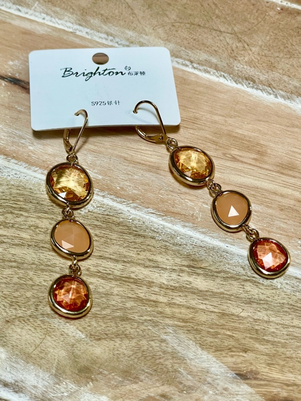 Brighton Gold-Tone Three-Stone Drop Earrings in Amber and Peach NWT